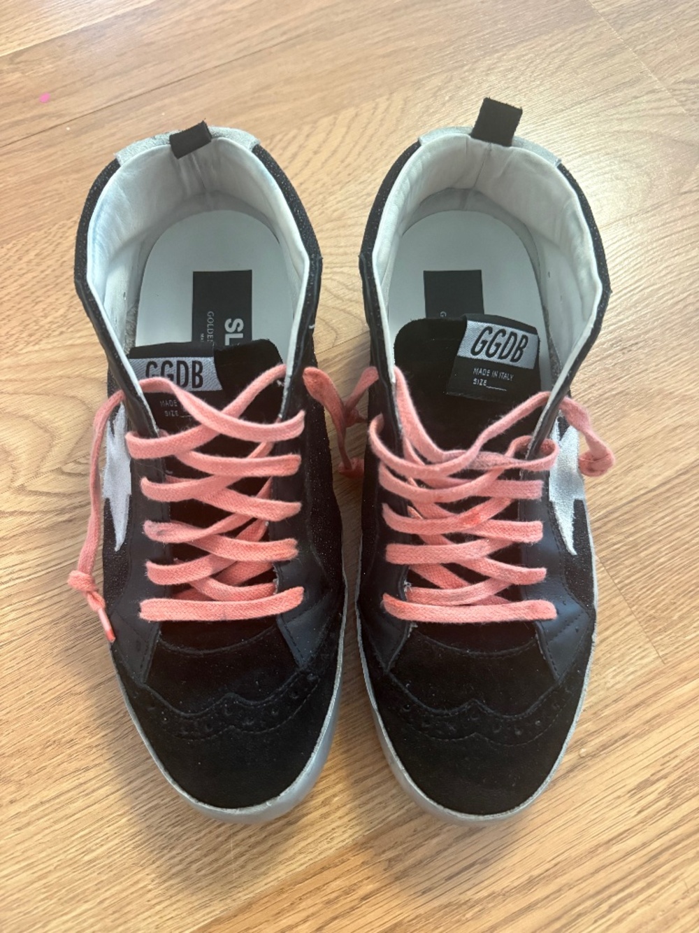 Golden Goose Black Glitter Mid Top Sneakers Pink Laces, size 39